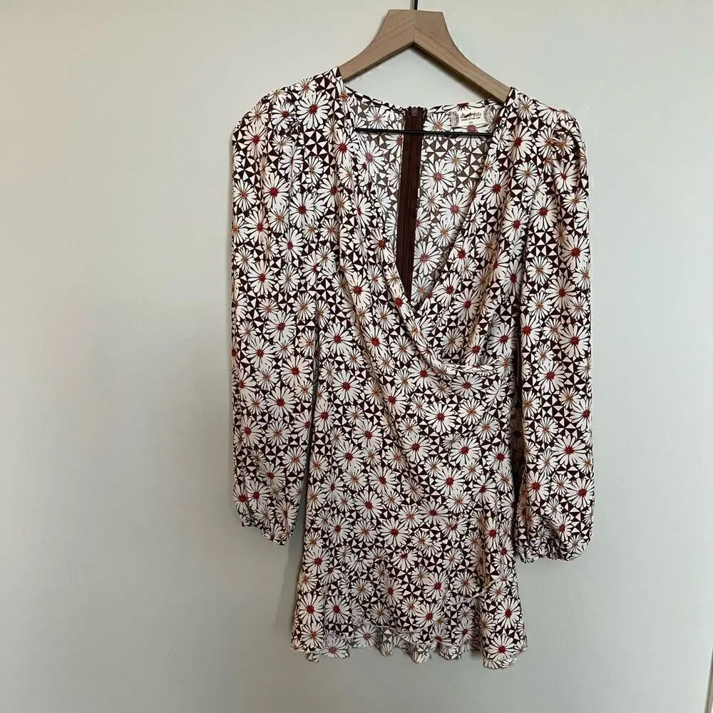 Altar’d State floral long sleeve dress NWT XS Brown and Ivory Faux Wrap